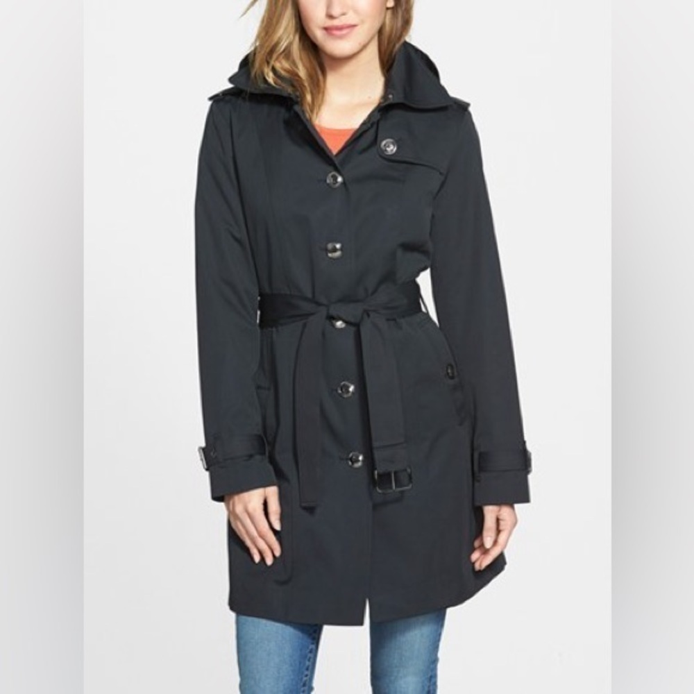 ZARA Basic, size M, long black trench coat, belt, pockets, button up front